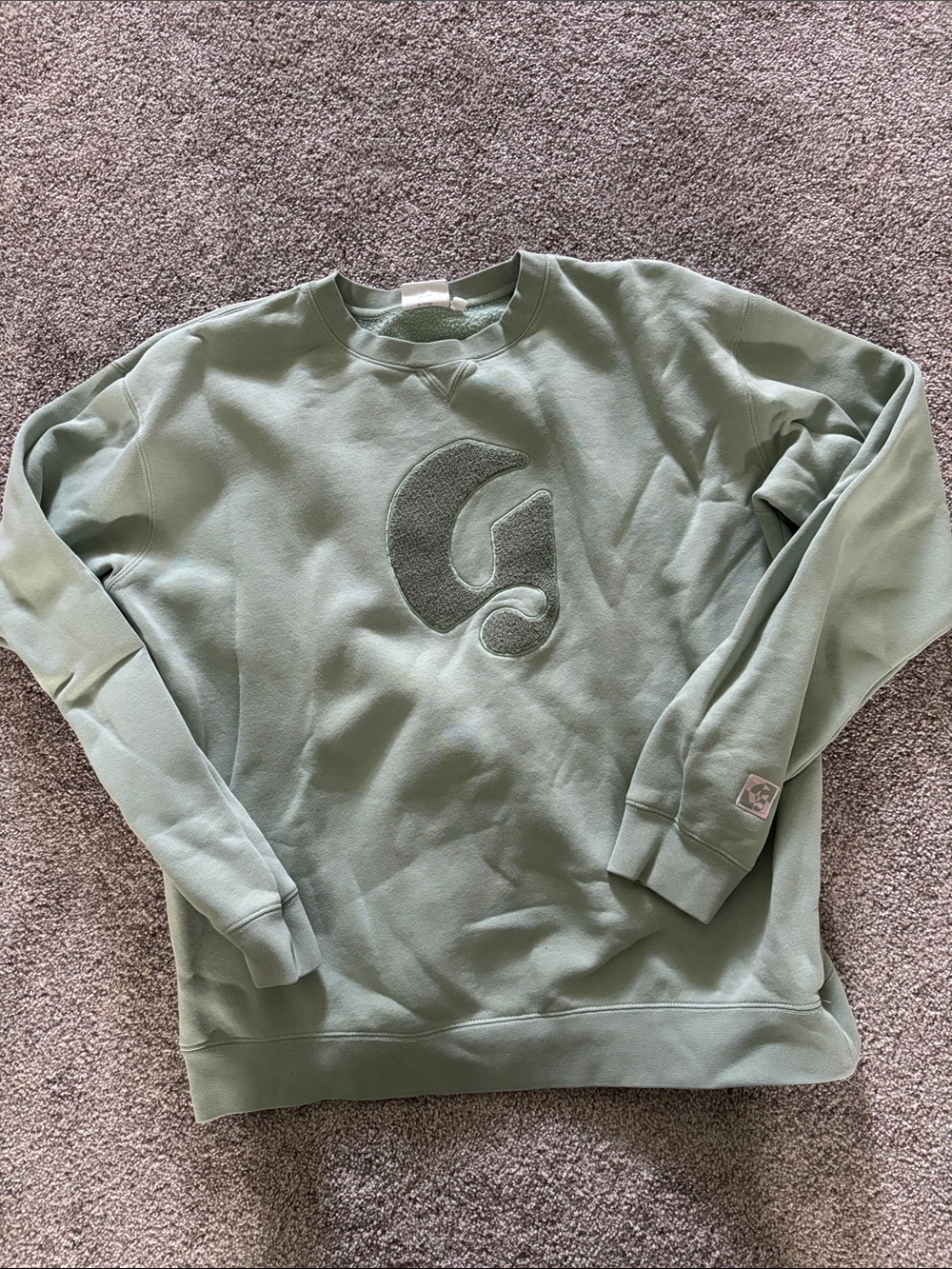 Glossier women’s Sage Green Crewneck Sweatshirt with Embossed G